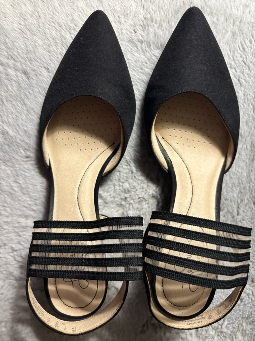 stem Black Pointed-Toe D’Orsay Flats with Strappy Elastic Vamp